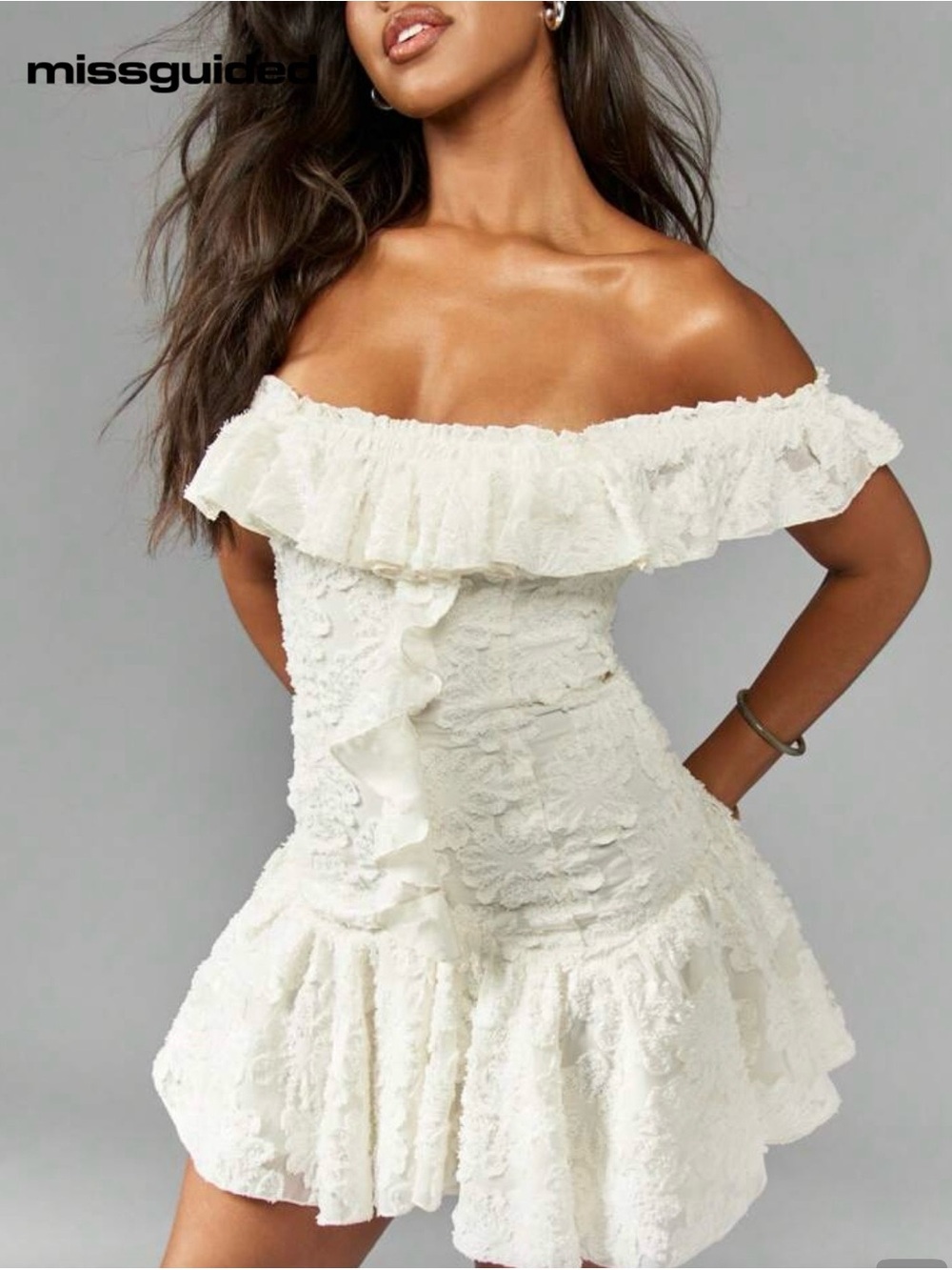 Missguided Cream Off-Shoulder Ruffle Mini Dress